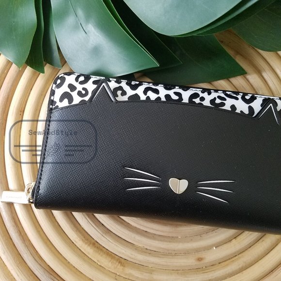 Kate Spade NWT Meow Cat Large Continental Wallet in Black Leather White Leopard - Picture 3 of 12